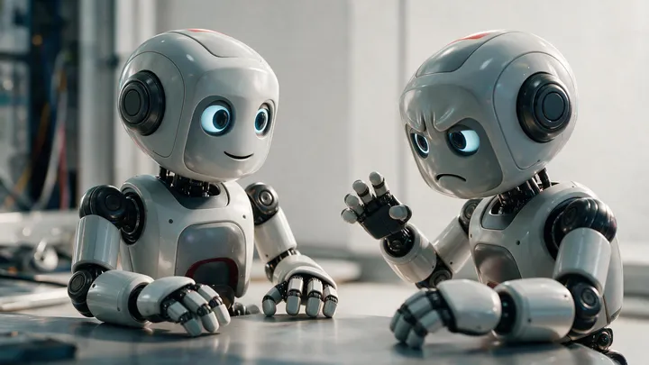 Two small humanoid robots sat facing each other at a table, one smiling calmly while the other gestures with a raised hand and a frustrated, furrowed expression.