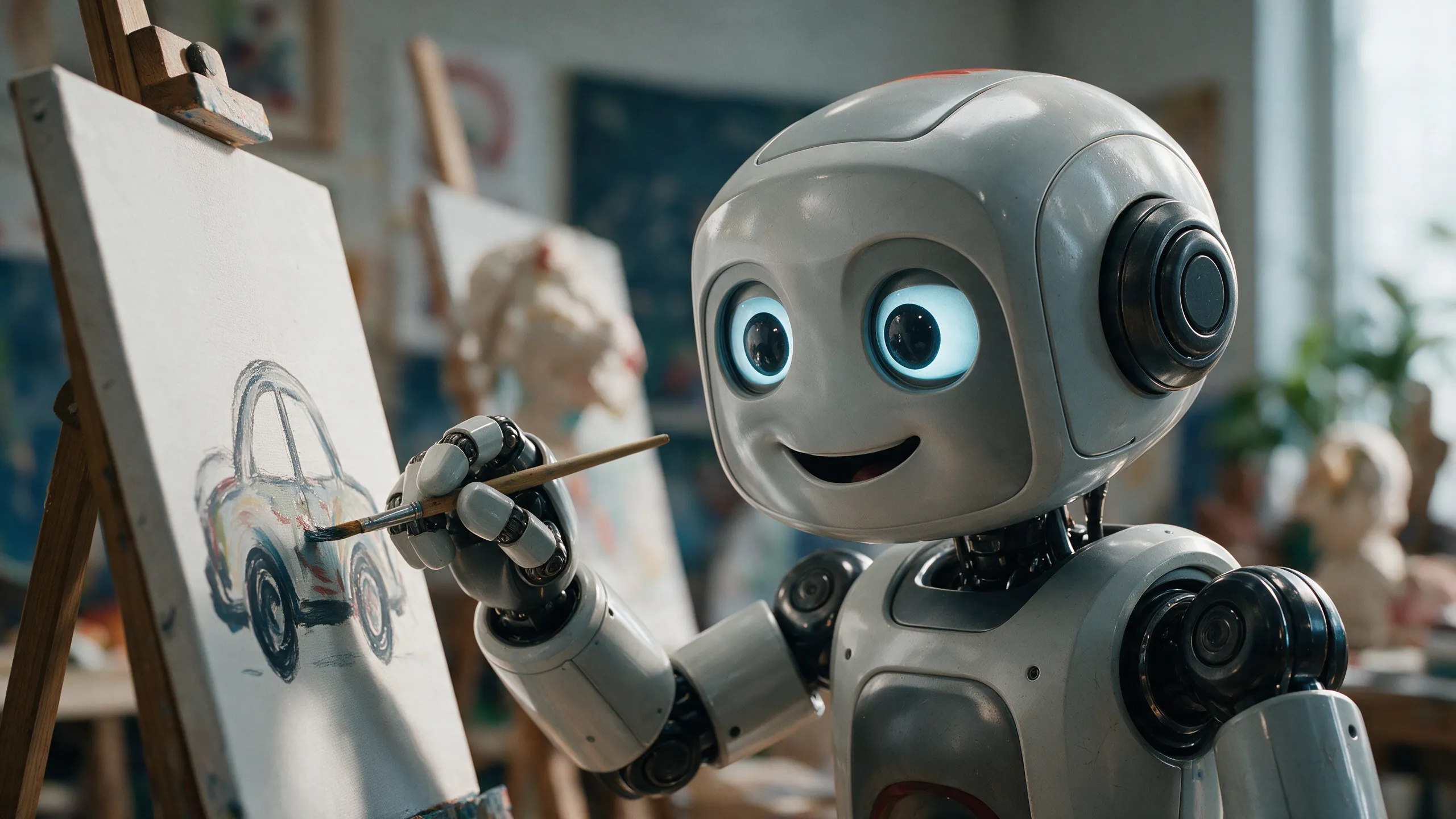 A robot painting a car in an art classroom