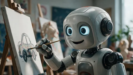 A robot painting a car in an art classroom