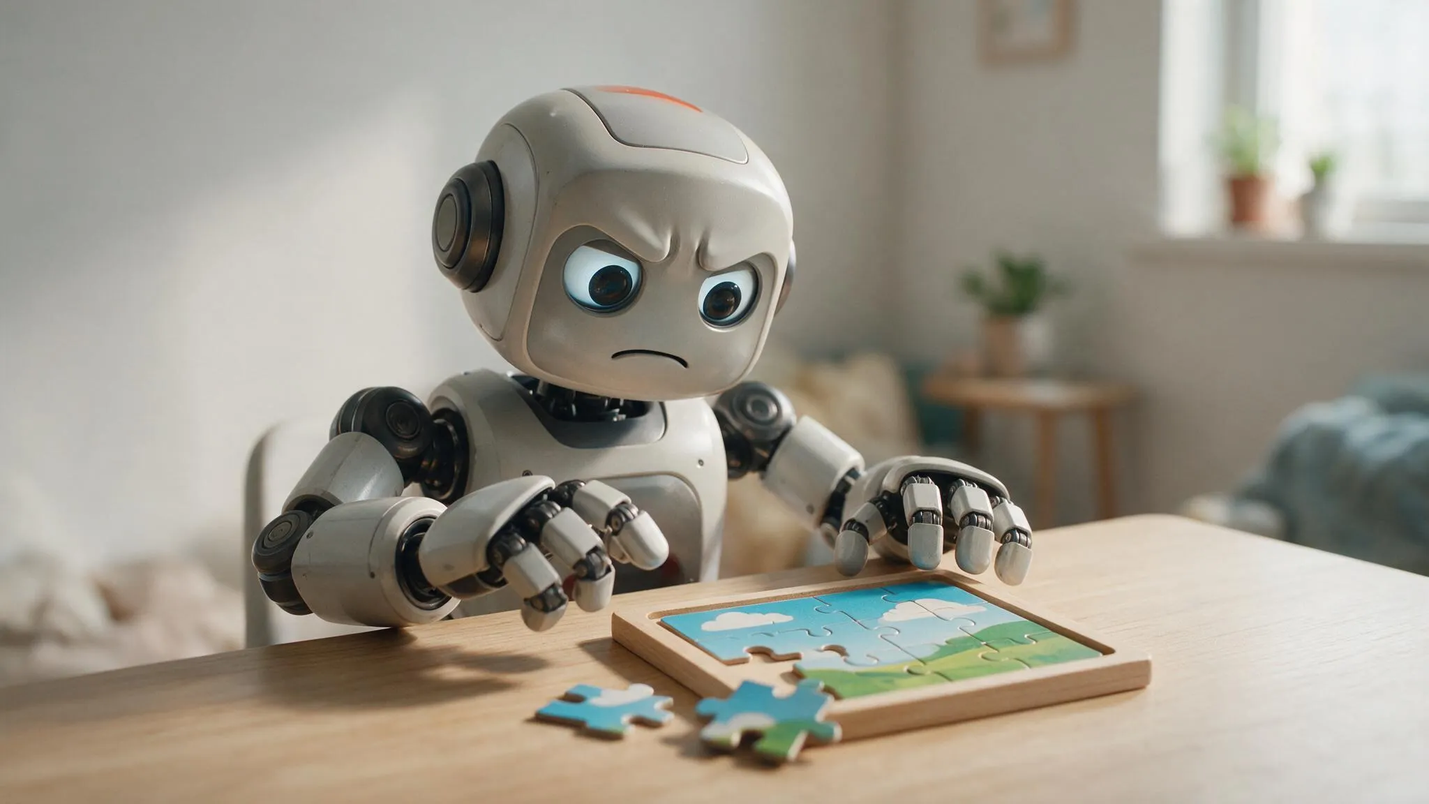 An AI robot looking frustrated while trying to solve a simple puzzle