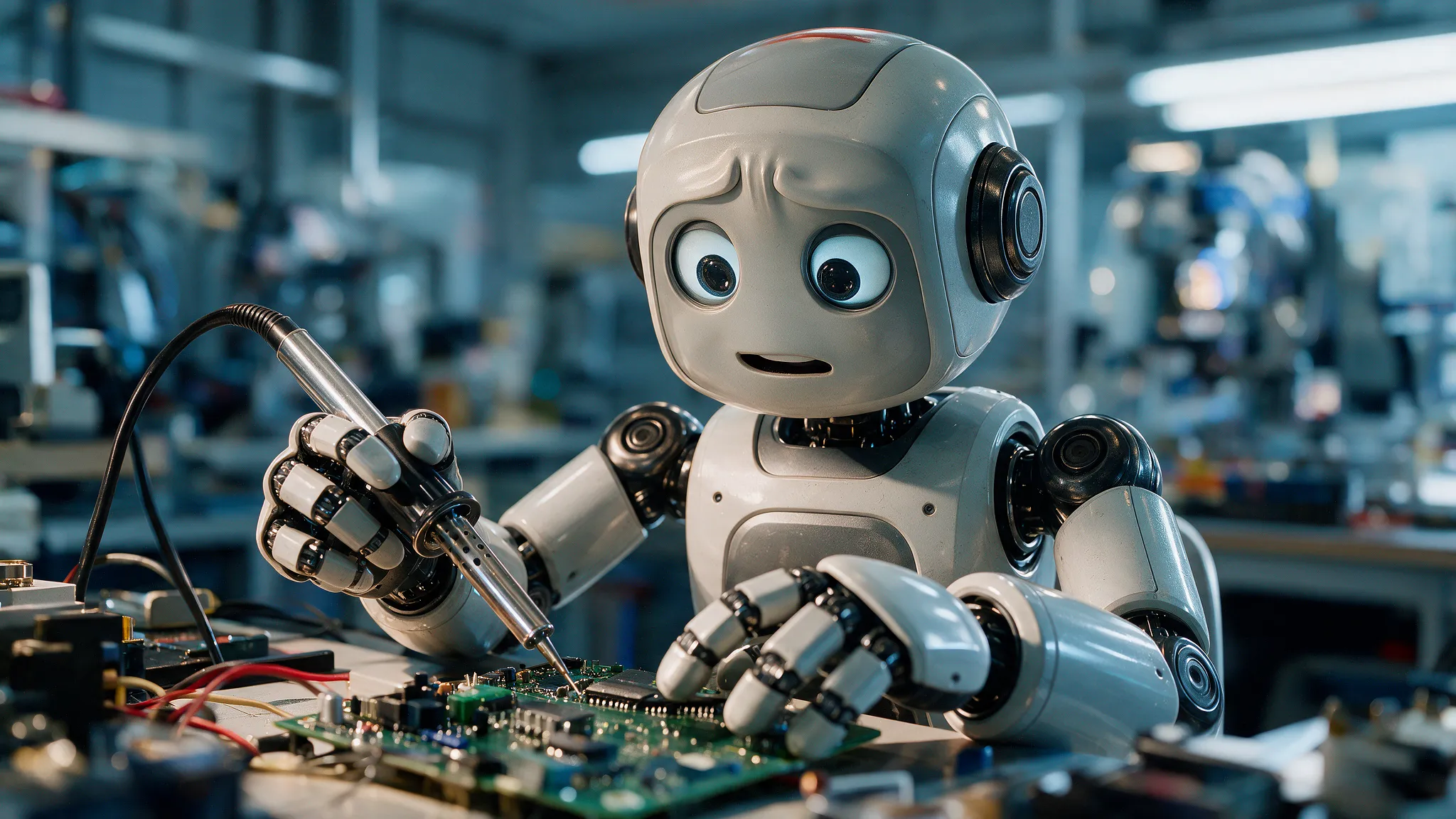 A robot posed mid-gesture in a vivid eureka moment in a modern classroom