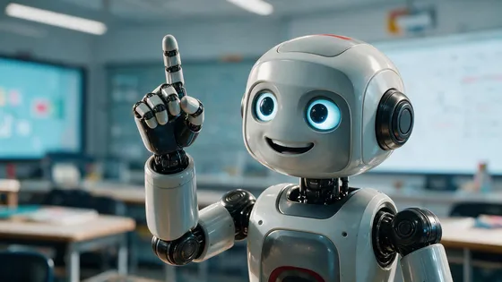 A robot posed mid-gesture in a vivid eureka moment in a modern classroom