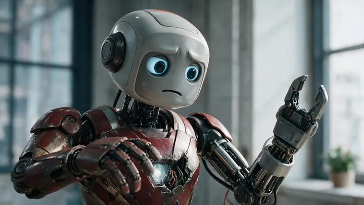A sad looking robot assembled by various pieces of different robots