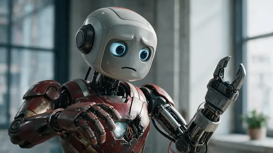 A sad looking robot assembled by various pieces of different robots