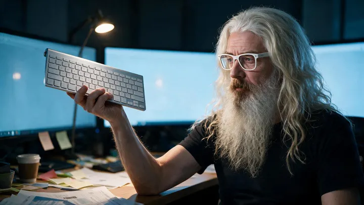 A modern day depiction of Shakespeare's to be or not to be soliloquy, with a computer programmer sat at a desk, holding a computer keyboard in one hand, looking contemplative