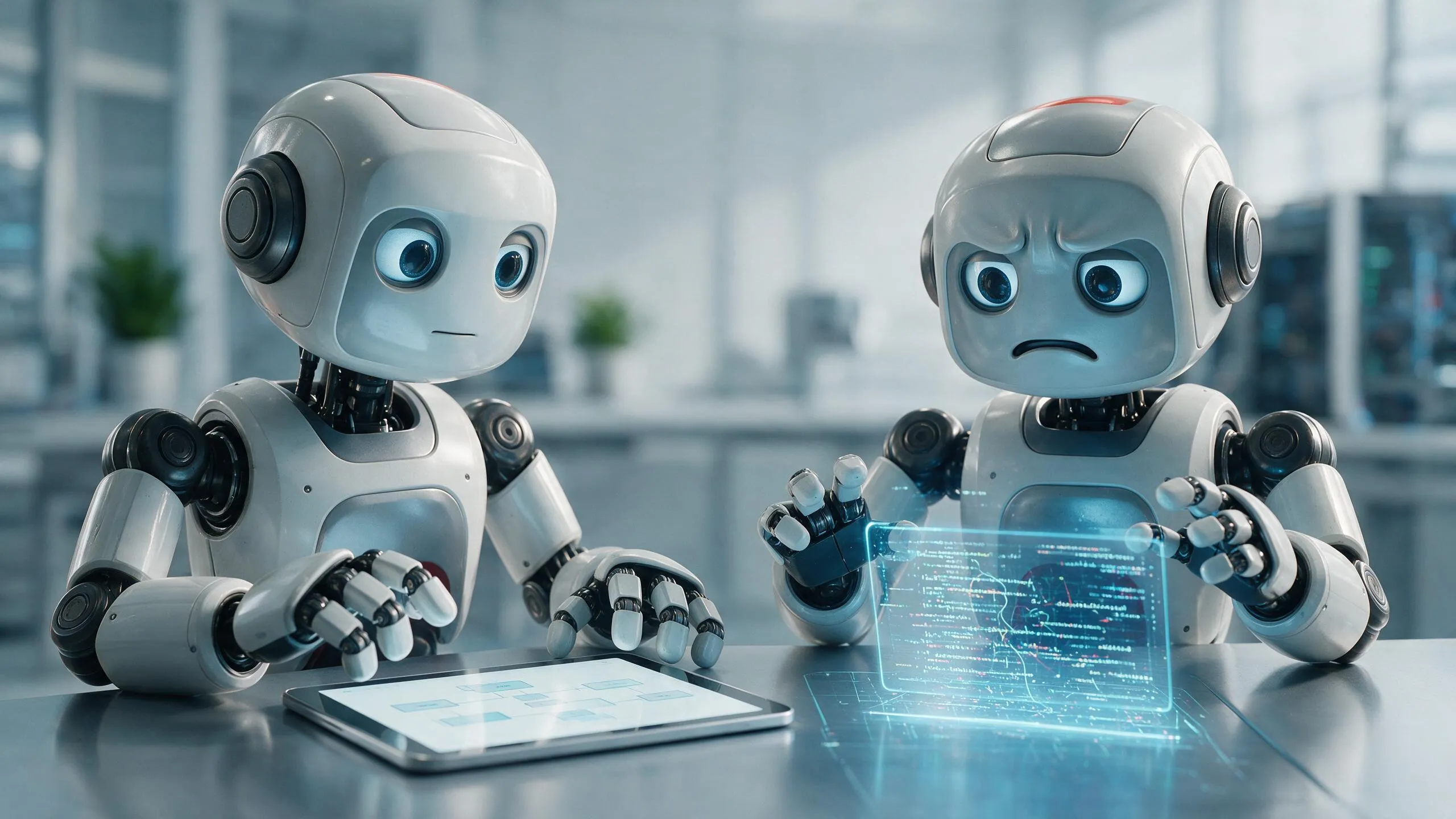 Two expressive humanoid robots seated side by side at a sleek modern desk, one robot calmly focused on a clear simple solution displayed on a clean tablet screen, the other robot looking puzzled and overwhelmed by a chaotic complex solution filled with dense code and diagrams
