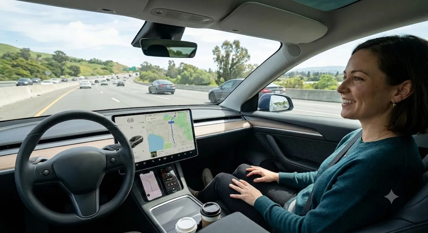 Women sat in the passenger seat of a car, looking at the AI dashboard, while the driver seat is empty