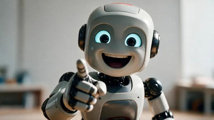 Humanoid robot laughing and pointing at the camera in a close-up shot, with a big smile, glowing eyes, and warm studio lighting.